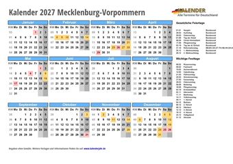 Kalender 2027Mecklenburg-Vorpommern