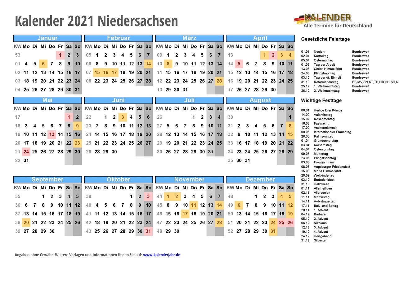 Kalender 2021 Niedersachsen Mit Feiertagen Kalenderjahr De Kalenders zijn leeg en kunnen worden afgedrukt met voorgedefinieerd afdrukbereik. kalender 2021 niedersachsen mit