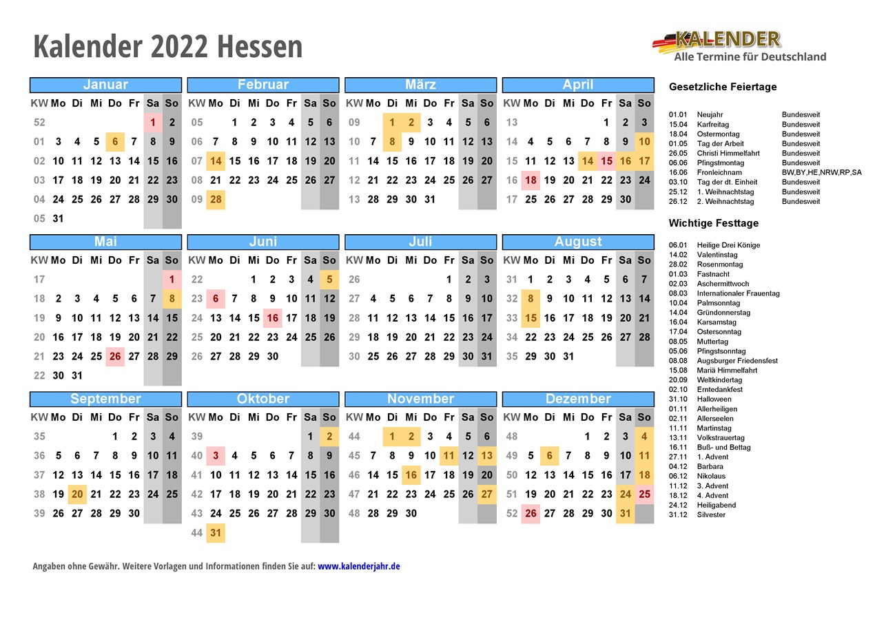 Kalender 2022 Hessen mit Feiertagen