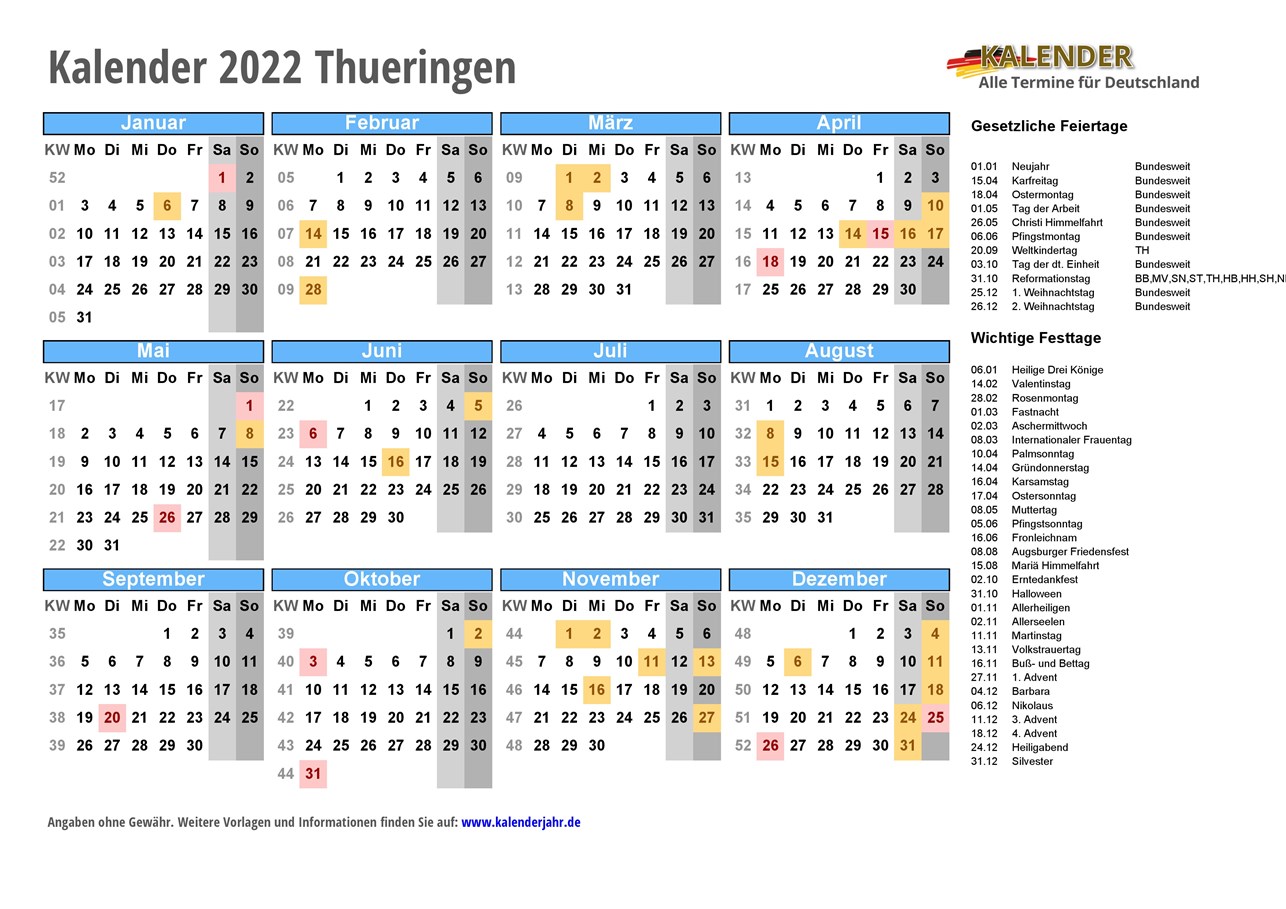 Kalender 2022 Thueringen Alle Fest Und Feiertage