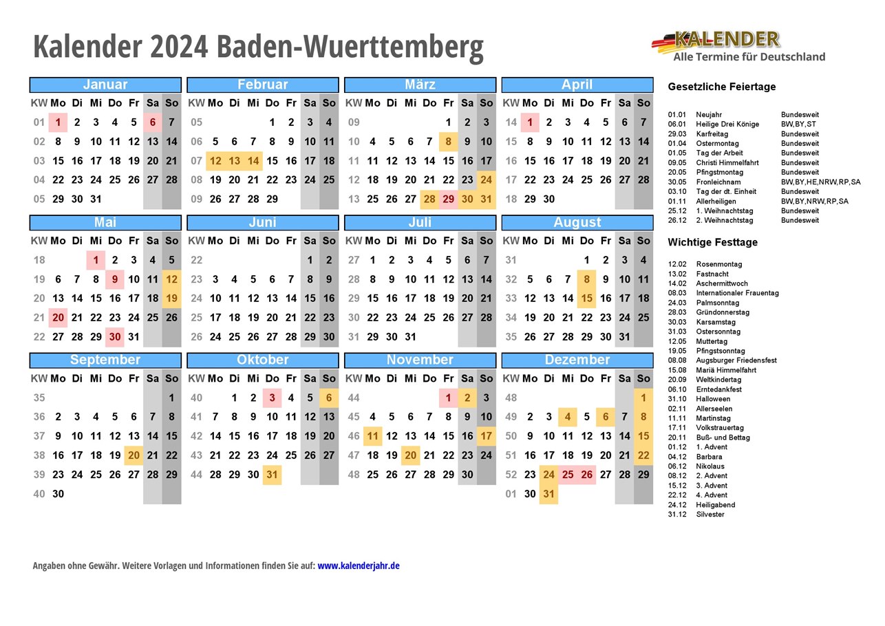 Kalender 2024 Baden Wuerttemberg Alle Fest Und Feiertage