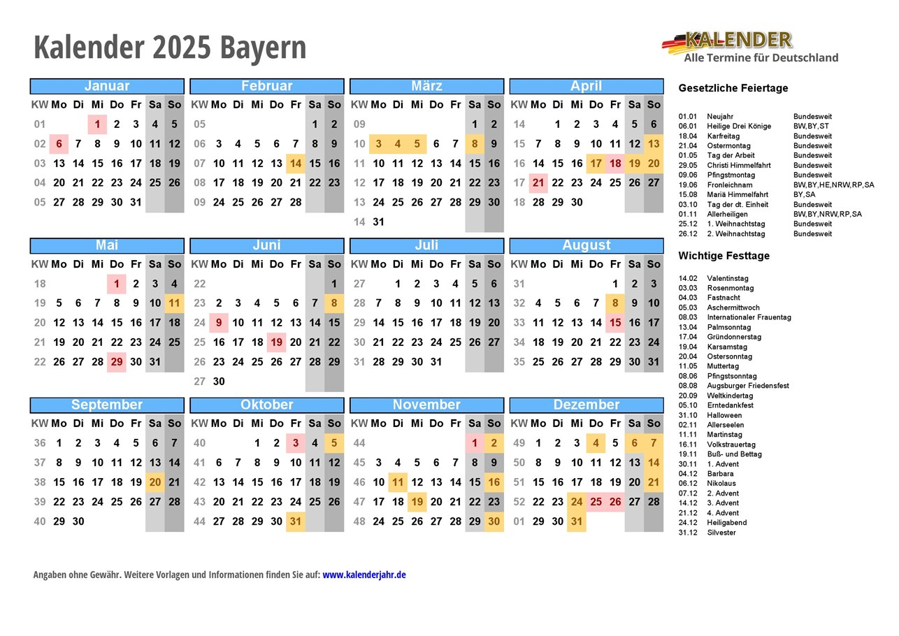 Kalender 2025 Bayern PDF Und JPG Im DIN A4 Querformat Fertig Zum 