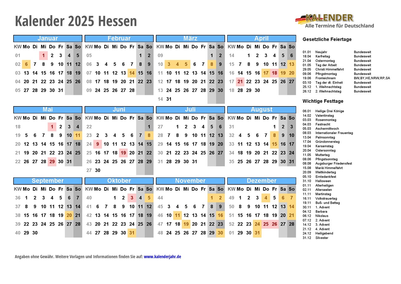 Kalender 2025 Hessen PDF Und JPG Im DIN A4 Querformat Fertig Zum 