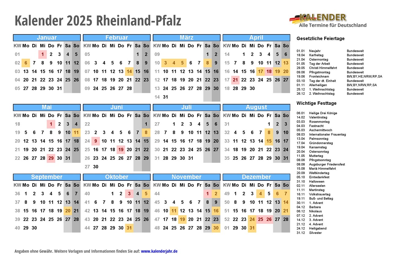 Kalender 2025 Rheinland Pfalz PDF Und JPG Im DIN A4 Querformat Fertig 