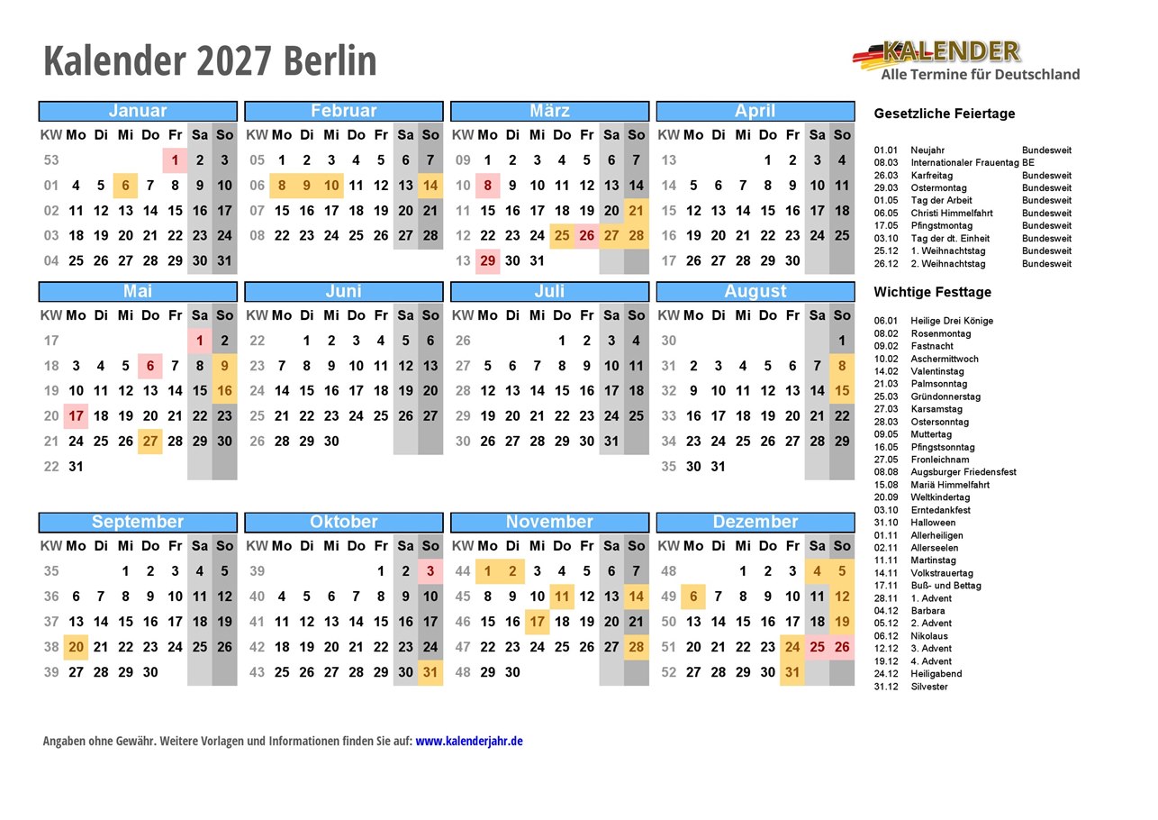 Kalender 2027 Berlin PDF Und JPG Im DIN A4 Querformat Fertig Zum 