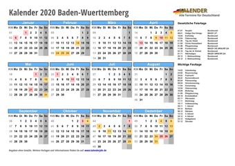Kalender 2020Baden-Wuerttemberg