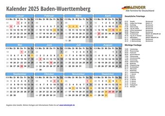 Kalender 2025Baden-Wuerttemberg