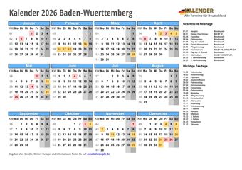Kalender 2026Baden-Wuerttemberg