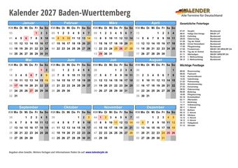 Kalender 2027Baden-Wuerttemberg