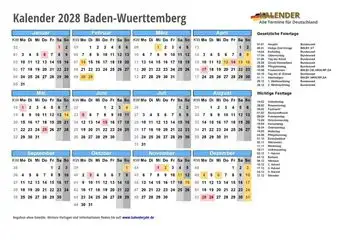 Kalender 2028Baden-Wuerttemberg